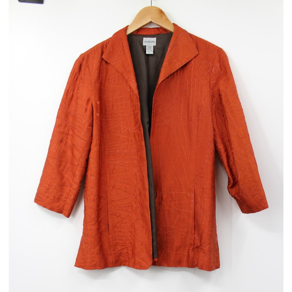 Chico's Silk Blazer Size 1 Medium Orange Long Sleeve Open Front Collar Women's